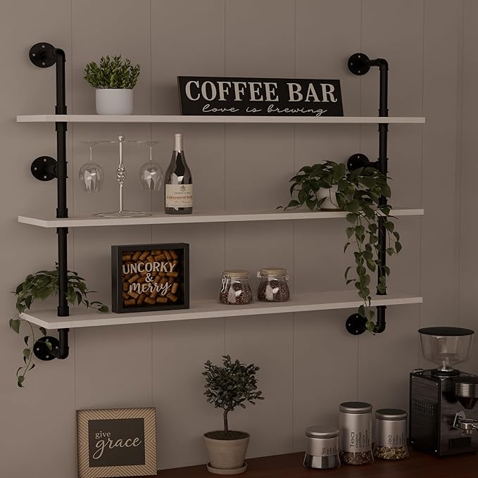 HDDFER Industrial Pipe Shelving Rustic White Pipe Wall Shelves Industrial Shelves with Wood Planks Floating Shelves 48 Inch Farmhouse Bathroom,Kitchen Shelving Wall Mounted
