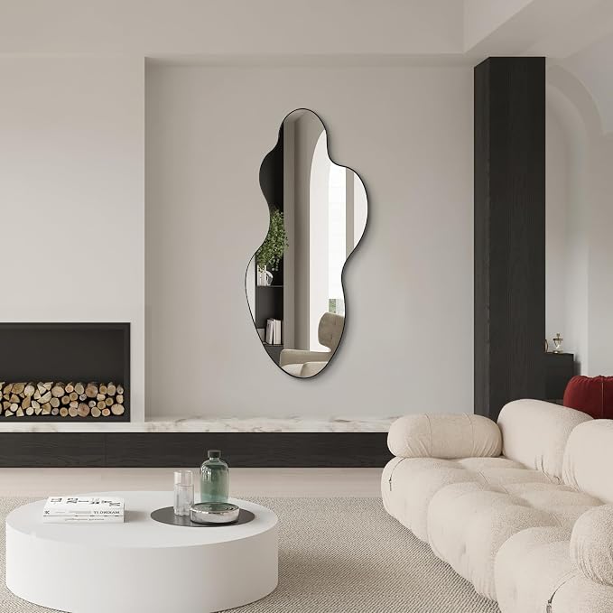 Irregular Wall Mirror, 55"x26" Asymmetrical Decorative Accent Mirror with Black Metal Frame, Large Organic Shape Mirrors for Entryway Bedroom Living Room, Horizontal or Vertical Hanging