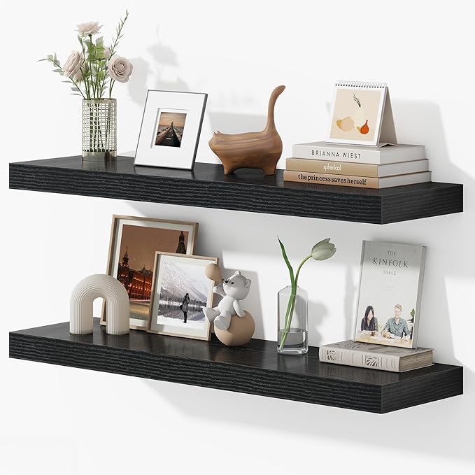 Dreamland 36 Inches Floating Shelves for Wall, 9.3" Deep Long Floating Shelves Set of 2, Large Display & Storage Shelf, Wall Shelf for Bathroom Bedroom Living Room Kitchen Office, Black