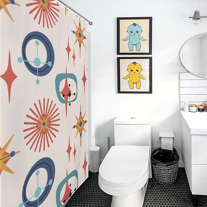 Retro 50s Shower Curtain Mid Century Modern Geometric Stars Colors Pattern Duty Fabric Shower Curtains Set Bathroom Polyester Waterproof with 12 Hooks, 55x72Inch（140x183cm）