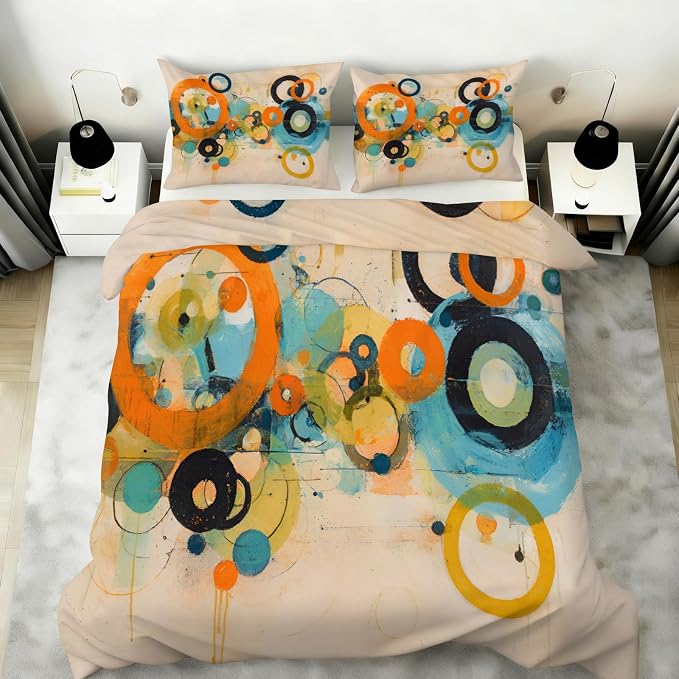 Vintage Geometric Abstract Duvet Cover California King, Retro Bohemian Psychedelic Bedding Set 3 Piece, Circle Patterned Comforter Cover with Zipper Soft Microfiber, 2 Pillowcases