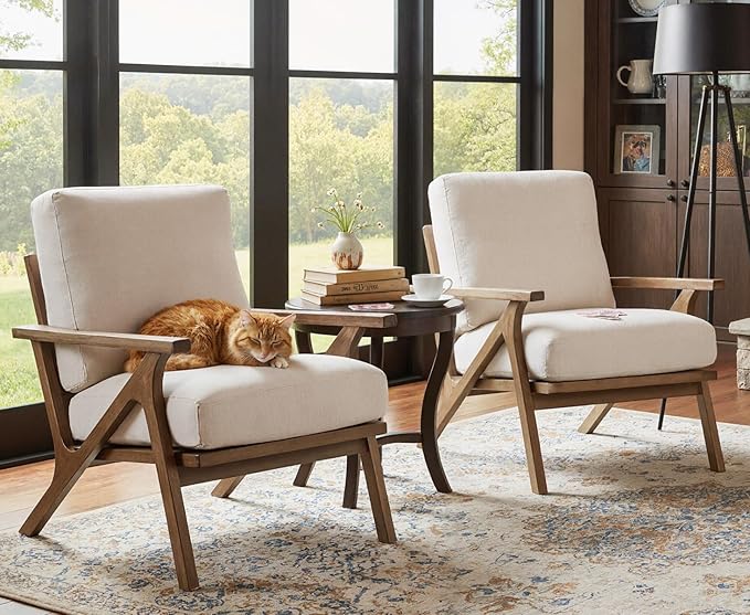 HNY Mid Century Modern Accent Chair, Farmhouse Retro Linen Upholstered Armchair for Living Room Bedroom, 23'' Seat Wide Leisure Slipper Chair with Wood Frame, White