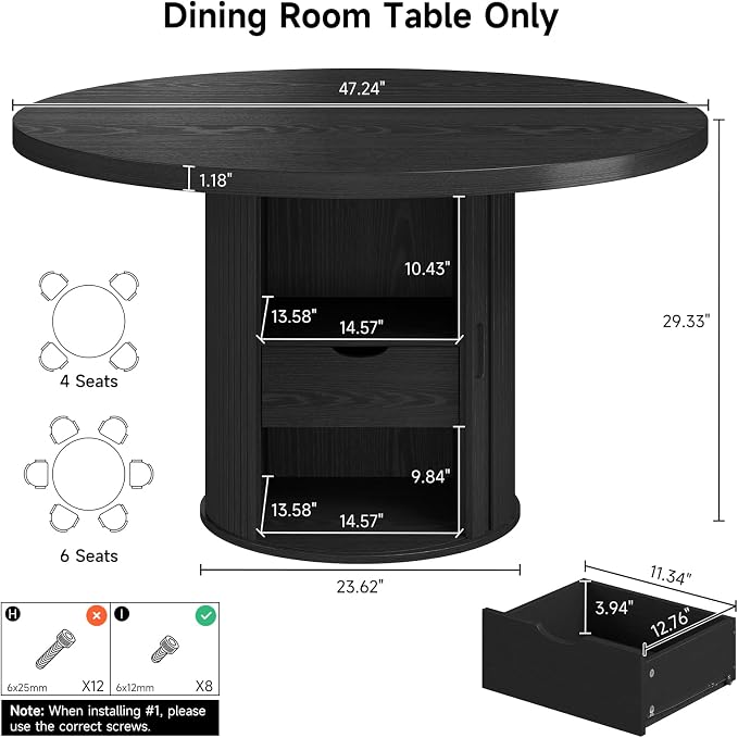 Round Dining Table for 4-6 Seats, 47" Circle Kitchen Table with Storage Drawer, Modern Mid-Century Pedestal Dinner Tables, Fluted Wood Base, Space Saving Dining Room Furniture for Family Party, Black