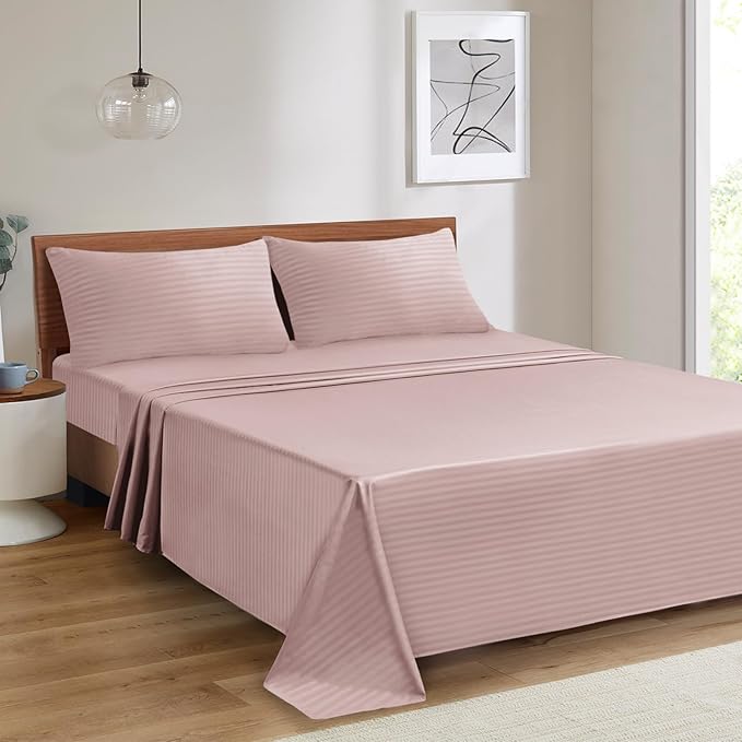 Mejoroom Striped King Size Bed Sheet Set - Hotel Luxury 1800 Bedding Sheets & Pillowcases - 16" Deep Pocket Fitted Sheet, Soft, Breathable, Wrinkle & Fade Resistant - 4 Piece(Dusty Pink)