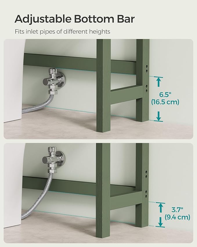 SONGMICS Over The Toilet Storage, 3-Tier Over Toilet Bathroom Organizer with Adjustable Shelf, 10.2 x 24.8 x 66.9 Inches, Space-Saving, Forest Green UBTS001C01