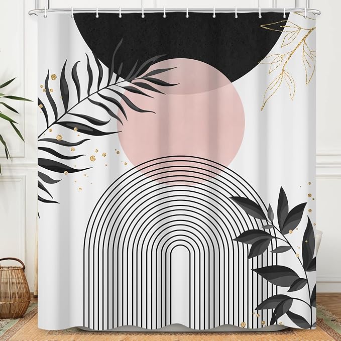 Boho Mid Century Shower Curtain,Black Pink Modern Minimalist Abstract Geometric Gold Plant Leaves Sun Arch Bathroom Curtains Waterproof Fabric Buthtub Curtain Set with Hooks 60" Wx72 L