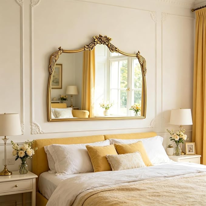 Gold Baroque Mirror Antique 19x24 Inches - Vintage Arched Mirror with Ornate Gold Frame for Entryway, Narrow Hallway & Bathroom Wall Decor