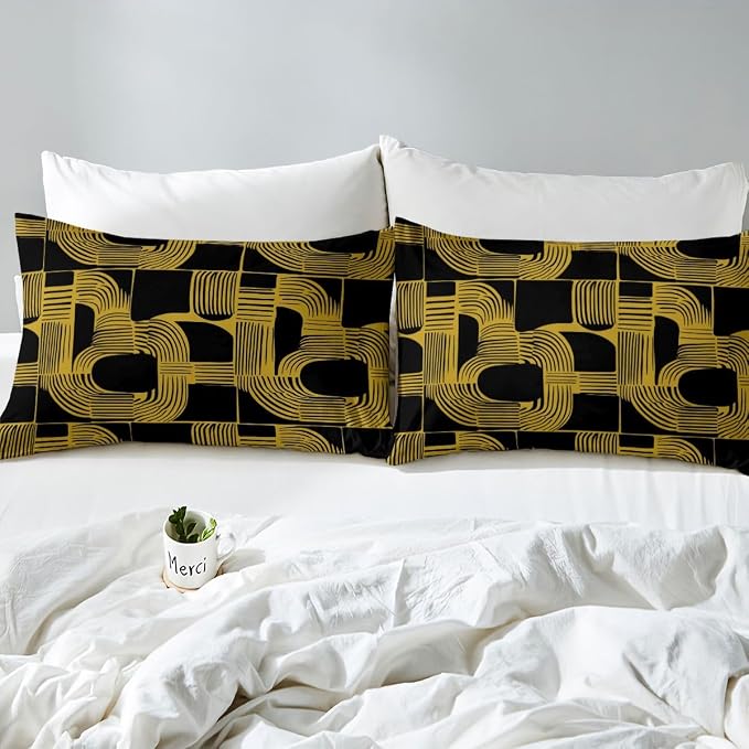 Boho Ethnic Queen Comforter Cover For Teens Geometric Stripes Duvet Cover Black Yellow Bohemian Striped Bedding Set For Kids Boys Adult Women Modern Simple Aesthetics Bed Sets With 2 Pillow Cases