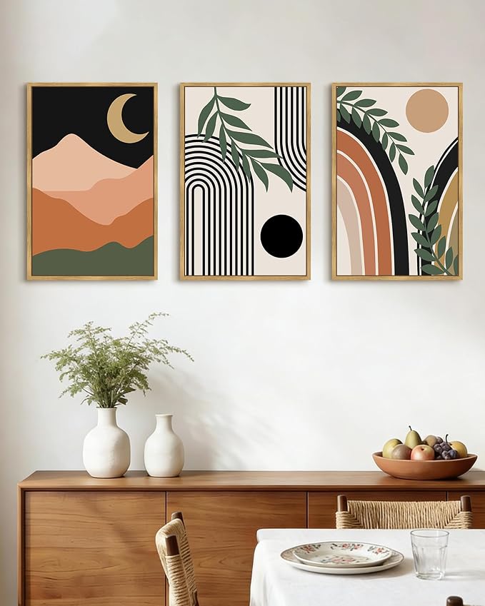 Drsoum Boho Wall Art Framed Bohemian Plant Wall Decor Abstract Geometry Artwork Hallway Living Room Prints Ready to Hang 16x24in Natural Framed