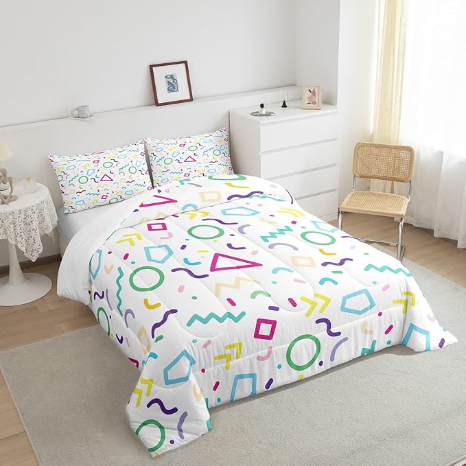 Manfei Memphis Comforter Set King Size, Colorful Geometric Vintage Bedding Set 3pcs for Kids Boy Girls, Retro 80s or 90s Fashion Style Quilt Set Soft Polyester Duvet Set with 2 Pillowcases