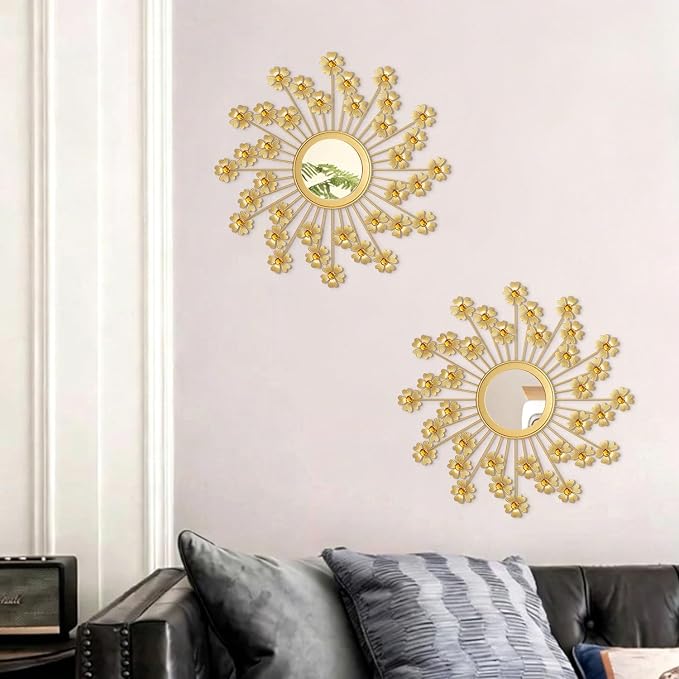 2 Pack Metal Mirrors for Wall Boho Sunburst Wall Mirror Home Decor Modern Decorative Wall Art for Bedroom Living Room Entryway