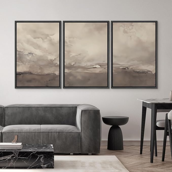 SIGNWIN Framed Canvas Print Wall Art Set Neutral Cloudy Sky Landscape Soft Beige and Taupe Illustrations Modern Art Decorative Boho Relax/Zen Nordic for Living Room, Bedroom, Office - 24"x36"x3 Black