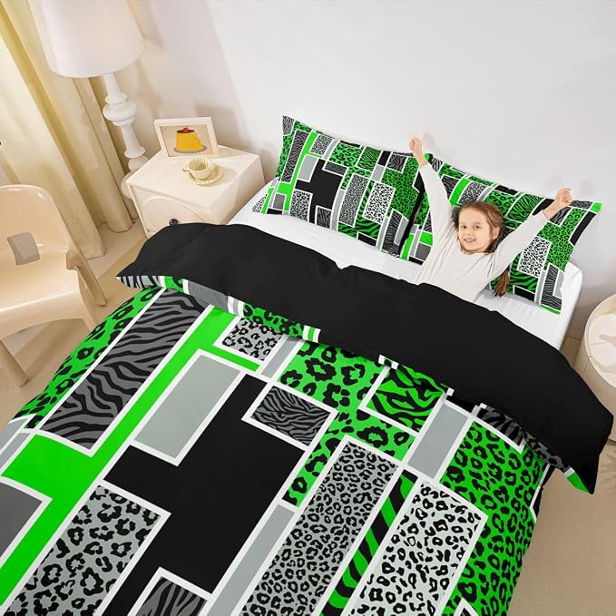 Erosebridal Leopard Zebra Print Duvet Cover Twin Green Black Grey Geometric Patchwork Bedding Set Rustic Animal Skin Texture Comforter Cover for Kids Teen Adults,Jungle Wildlife Bed Set