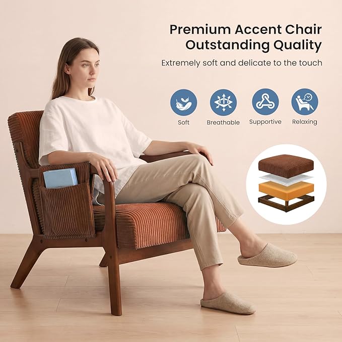 DUMOS Accent Chairs Set of 2, Mid Century Modern Accent Chair with Lumbar Pillow and Solid Wood Frame, Upholstered Armchair Reading Chair for Living Room, Bedroom, Orange