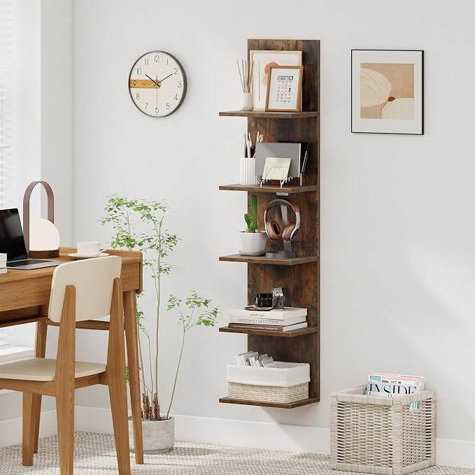 Giantex 5 Tier Wall Shelf Unit Set of 2, Narrow Vertical Floating Shelves for Home Decoration and Storage Organizer, Lack Wall Shelf, Wall Mounted Display Shelves for Bedroom, Living Room,Rustic Brown