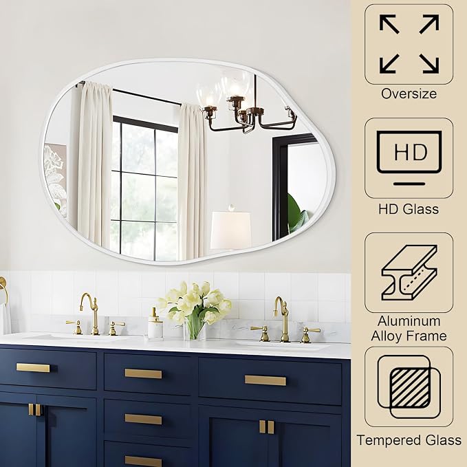 Large Asymmetrical Wall Mirror Aluminum Alloy Frame Irregular Bathroom Mirrors Brushed Metal Vanity Wall Mounted Mirror for LivingRoom Bedroom Entryway Room Home Decor White 26"x37.5"