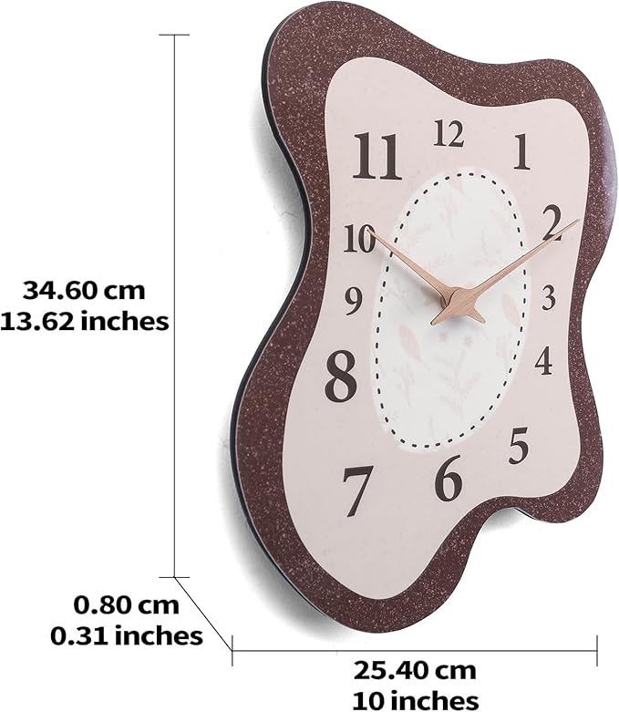 Mid Century Retro Irregular Shape Wall Clock, Silent Non-Ticking Battery Operated, 14 x 10 Inch Vintage Boho Brown Art Clock for Living Room, Bedroom, Entryway, Mantel Decor