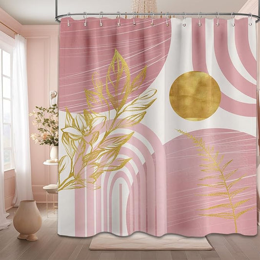 Blush Pink and Gold Shower Curtain Boho Mid Century Light Pink and White Shower Curtains for Bathroom Decor, Waterproof Cloth Fabric with Hooks, 70" W x 72" L