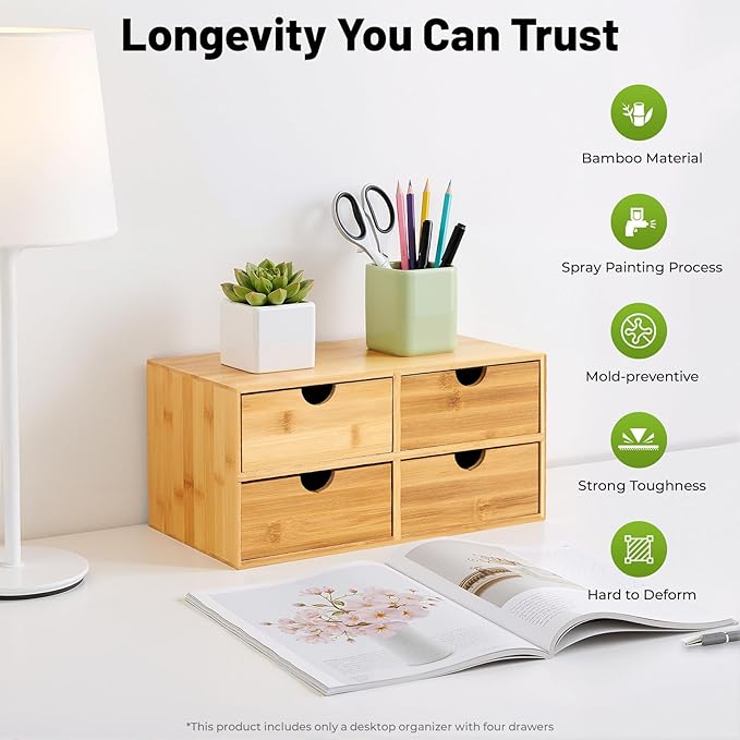 Bamboo Desk Organizer Small Retro Bamboo Tabletop Storage Box with Drawers& Recess Handles for Office Home Supplies Table Storage Collector 13 * 7.5 * 6in (4 Drawers)