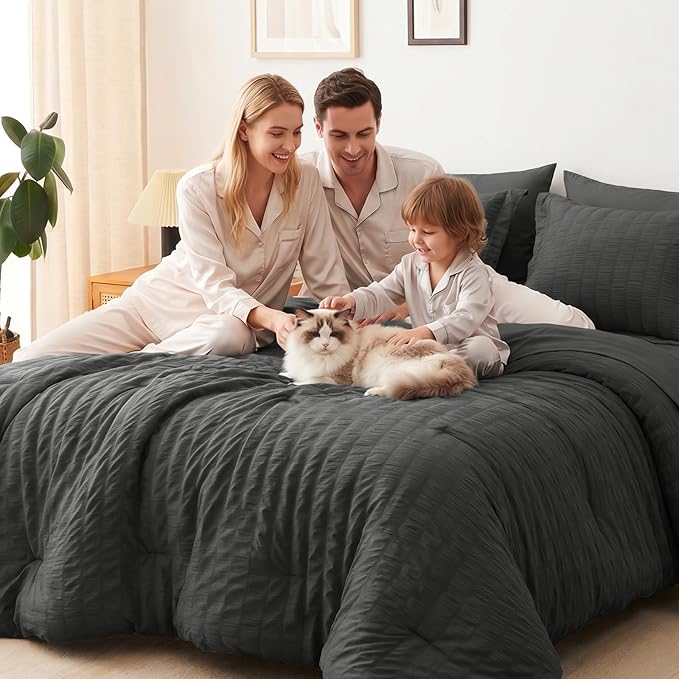 CozyLux Oversized Queen Comforter Set with Sheets, 7 Pieces 98"x98" Dark Grey Seersucker Bed in a Bag, Dark Gray Bedding Sets with Down Alternative Comforter, Sheets, Pillowcases & Shams, Home Gift