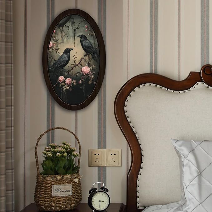 UYIKG Vintage Gothic Crow Oval Wall Art, Moody Dark Rose Crow Oval Wall Decor, Vintage Black Raven Floral Wooden Framed Decor for Home Bedroom Living Room Reading Room 9x14.6 in