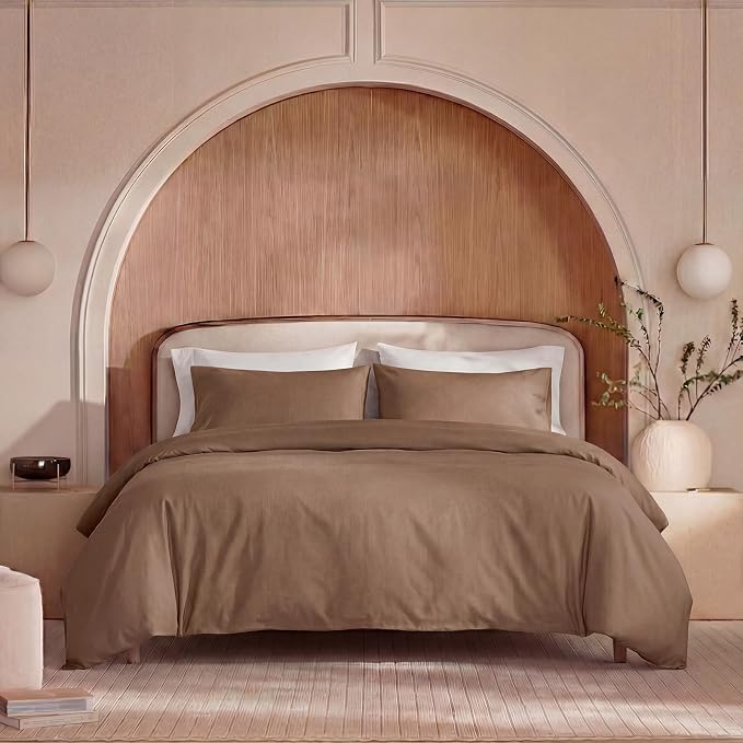 100% Washed Cotton Duvet Cover Queen Size – Brown, Linen-Like Texture, Super Soft & Breathable Bedding Set, 3-Piece Durable Percale Comforter Cover