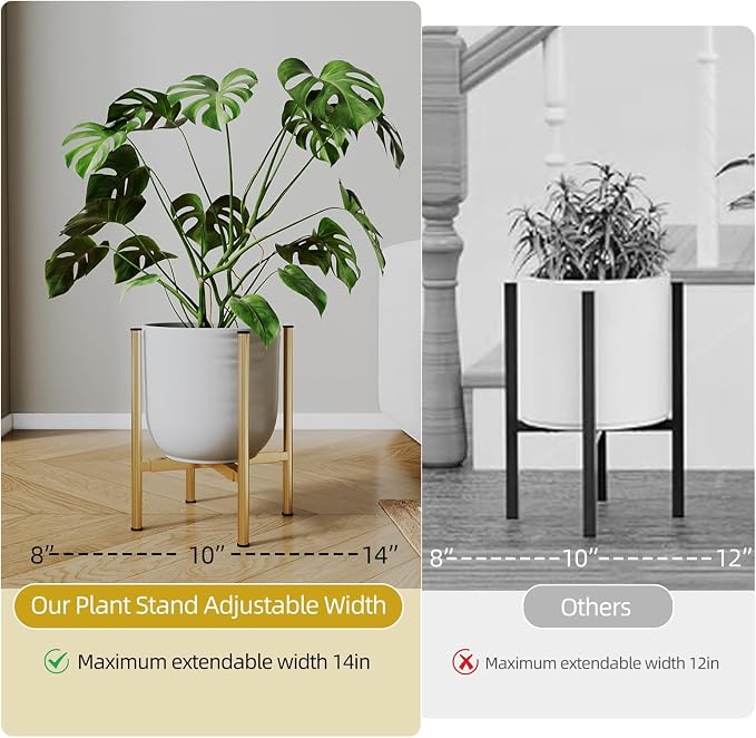 Adjustable Metal Plant Stand Indoor, Fits 8-14 Inch Pots, Mid Century Modern Gold Planter Holder,2 Heights, Heavy Duty 160 lb, Indoor Outdoor Corner Floor Pot Stand, Golden 2 Pack
