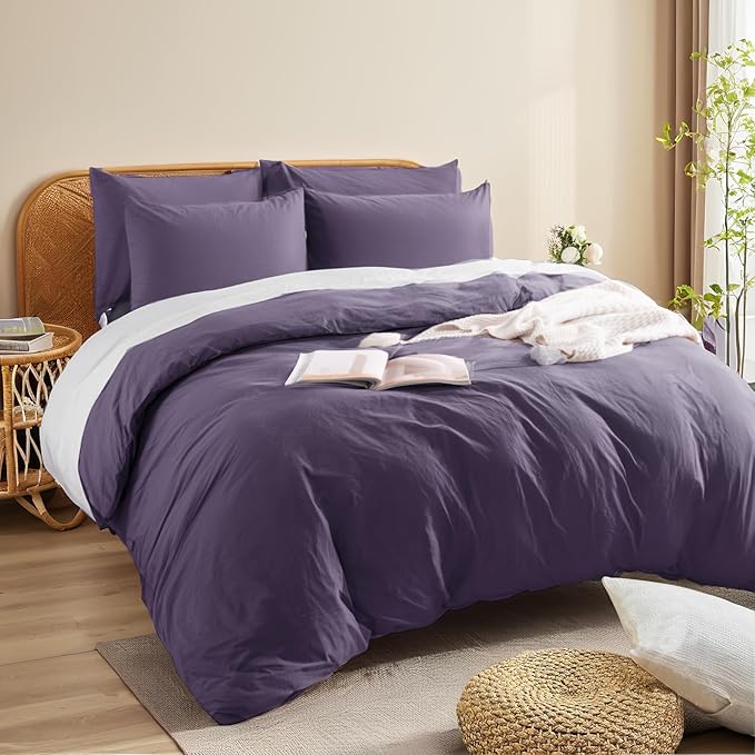 NEXHOME PRO 100% Washed Cotton Duvet Cover Full Size, Ogranic Natural Linen Feel Breathable Bedding Set with Zipper Closure, 3 Pieces Duvet Cover Set Eggplant (No Comfortert) 8090