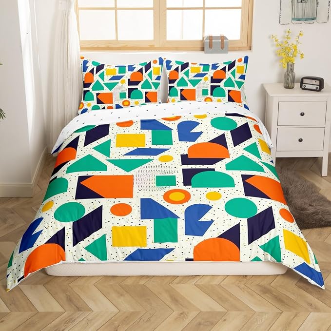 Memphis Geometric Pattern Comforter Cover Set King Size,Retro Style Round Half Moon Triangle Shapes Artwork Duvet Cover Colorful Graphic 80s 90S Style Bedding Set Abstract 1990S Memphis Home Decor