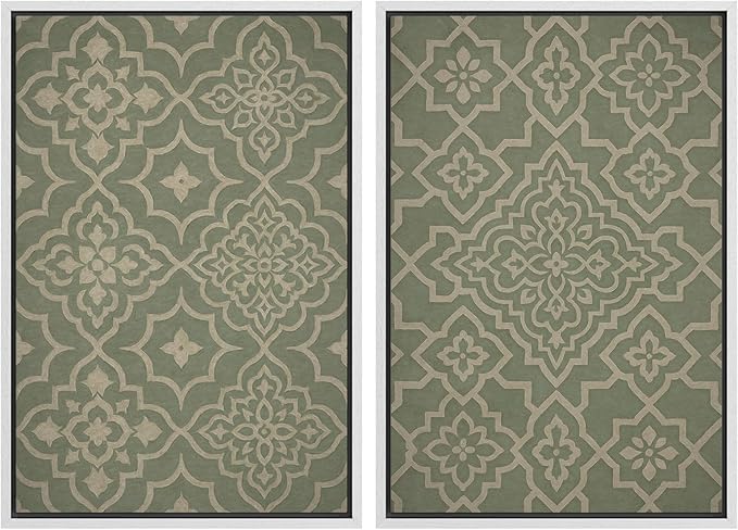 IDEA4WALL Framed Canvas Print Wall Art Set Moroccan Tile Pattern Green and Beige Geometric Illustrations Modern Art Decorative Bohemian Calm/Zen for Living Room, Bedroom, Office - 24"x36"x2 White