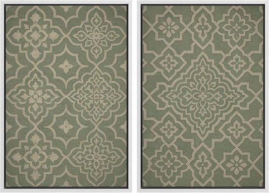 IDEA4WALL Framed Canvas Print Wall Art Set Moroccan Tile Pattern Green and Beige Geometric Illustrations Modern Art Decorative Bohemian Calm/Zen for Living Room, Bedroom, Office - 24"x36"x2 White