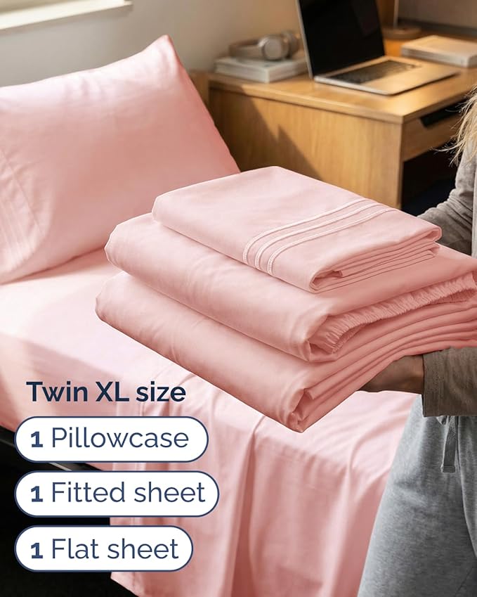 Twin XL Size 3 Piece Sheet Set - Comfy Breathable & Cooling Sheets - Hotel Luxury Bed Sheets for Women & Men - Deep Pockets, Easy-Fit, Soft and Wrinkle Free Sheets - Baby Pink Oeko-Tex Bed Sheet Set