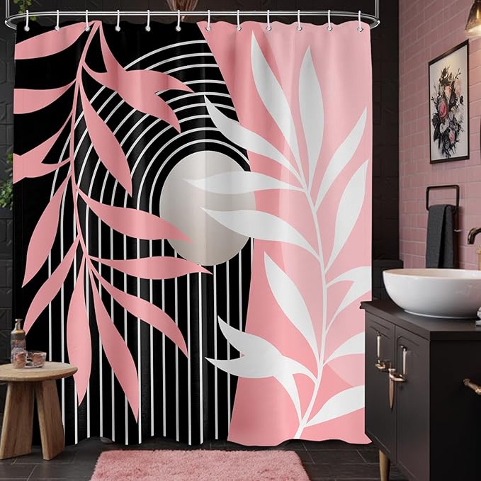 Pink Shower Curtain Boho Mid Century Pink and Black Shower Curtains for Bathroom Decor, Waterproof Cloth Fabric with Hooks, 70" W x 72" L