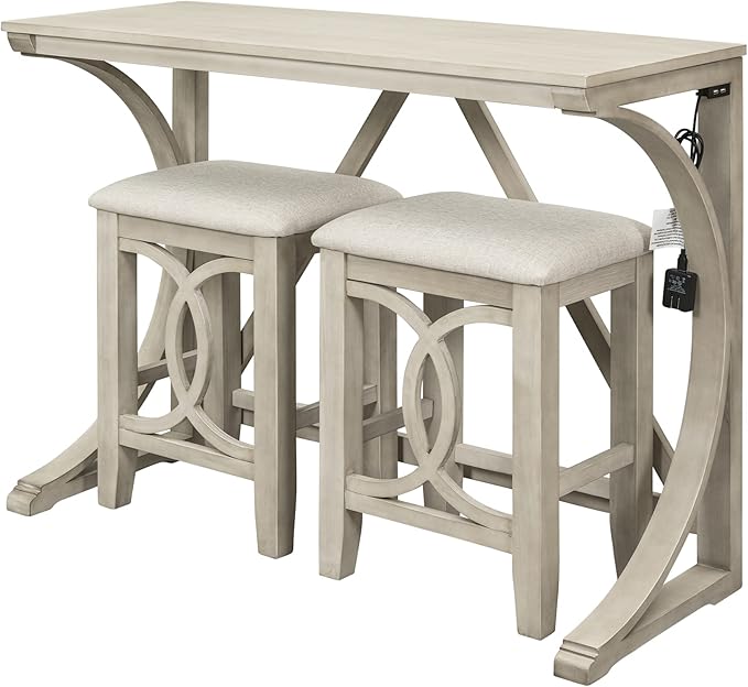 VilroCaz Farmhouse 3-Piece Counter Height Dining Table Set with USB Port and 2 Upholstered Stools, Rustic Dining Set Bar Set for Dining Room Kitchen (Cream)