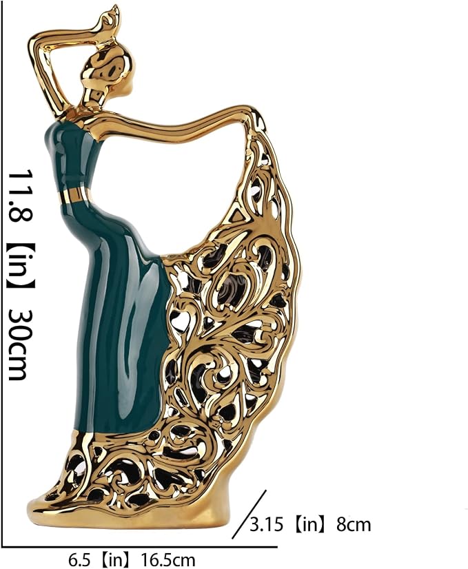 DOVDOV Ceramic Peacock Dancer Statue, Green and Gold Home Decor, Ballerina Sculpture, Peacock Home Decor for Room Corner Shelf Bathroom Shelf Corner Shelf TV Cabinet Corner Counter Top Decoration