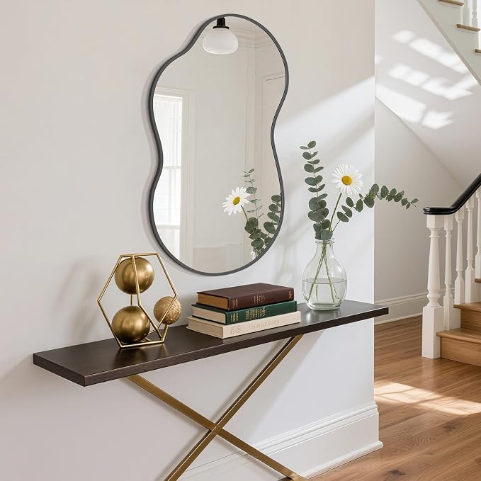 HOMECOOKIN 36" H x 20" W Irregular Wall Mirror, Asymmetrical Decorative Mirror with Black Aluminum Frame, Wavy Abstract Black Mirror, for Living Room, Bedroom, Bathroom, Entryway, Cloakroom
