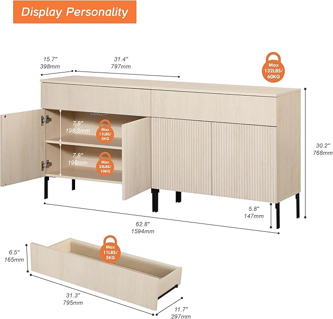 WAMPAT 63" W Large Sideboard Buffet Cabinet with Storage, 2 in 1 Fluted Sideboard Buffet with 4 Doors, Wooden Buffet Table, Coffee Bar Wine Bar Cabinet for Kitchen, Dining Room, Living Room, Beige