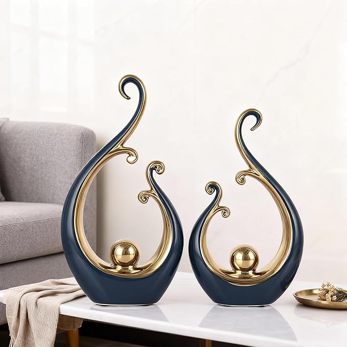 DOVDOV Blue and Gold Home Decor, Abstract Ceramic 2-Piece Sculpture Set, Modern mid-Century Art Statues, Perfect for Accent Tables, countertops, Coffee Tables, and entryway Decor.