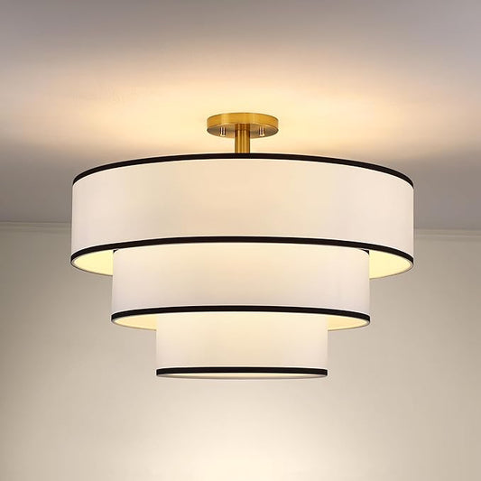 Doraimi Lighting 3 Tier Black White Linen Drum Fabric Semi Flush Mount Light Modern Farmhouse Decor 7 Light 24 Inch Retro Gold Finish for Kitchen Living Room Dining Room Corridor Hallway