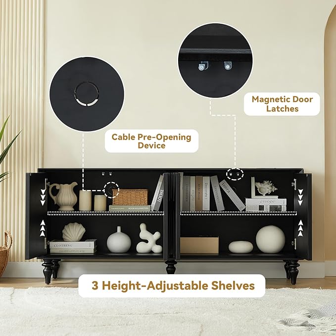 LKTART 62.99" Sideboard Buffet Cabinet with Storage, Solid Wood Kitchen Storage Cabinet Credenza Accent Console Table with Solid Wood Roman Legs Dovetail Door Trim Panel Ash Veneer,Black