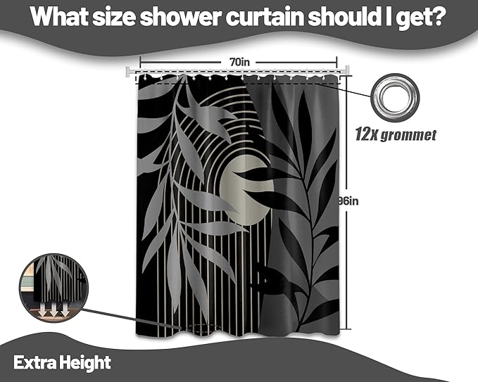 Boho Black and Grey Shower Curtain, Mid Century Modern Black and Gray Shower Curtains for Bathroom, Waterproof Fabric Set with Hooks, (70" W X 96" L)