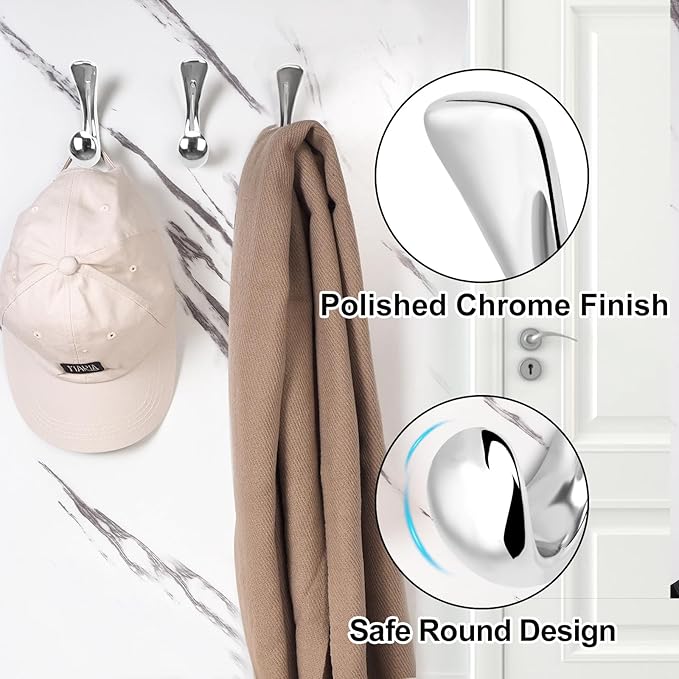 6 Pack Towel Hooks for Bathrooms Wall Mounted, Polished Chrome Bathroom Hooks for Towels, Robe & Towel Hook for Wall, Modern Bath Towel Hook