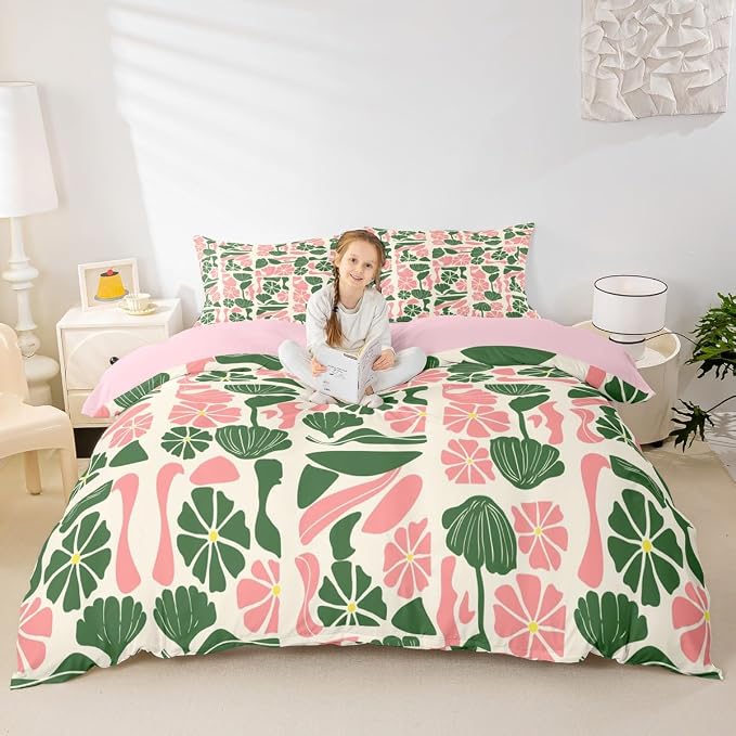 Erosebridal Mid Century Boho Comforter Cover Queen Cute Green Pink Floral Plant Patchwork Bedding Set Modern Abstract Geometric Duvet Cover for Kids Adults,Vintage Aesthetic Bed Set