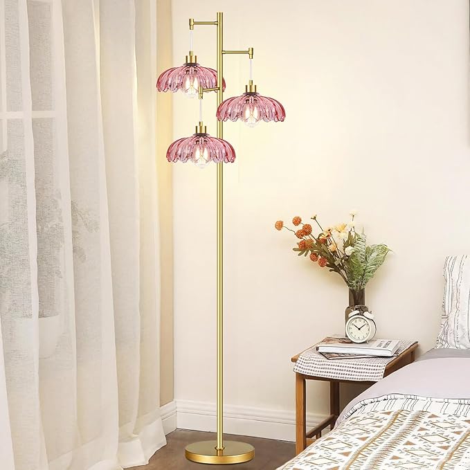 Pink Floor Lamp for Living Room,Bedroom,Gold Mid Century Modern Standing Lamp Brass Tree 3 Light Tall Floor Lamps Vintage Retro Floor Lights Glass Flower Lamp Shade Farmhouse Boho Bohemian