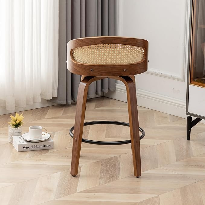 26" Swivel Rattan Bar Stools Set of 2,Mid-Century Modern Green Faux Leather Upholstered Counter Height Stools,Kitchen Island Barstools with Rattan Low Backrest,Walnut Wood Finish Bar Chairs