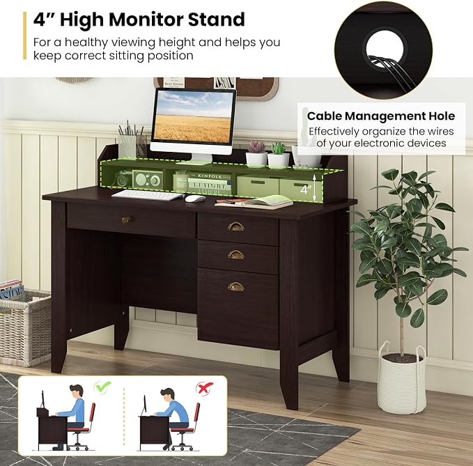 48" Vintage Computer Desk with 4 Storage Drawers & Top Hutch, Home Office Workstation with Drawer & Monitor Stand, Wooden Study Work Writing Table (Brown)