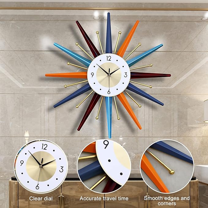 Starburst Large Wall Clock Metal Decorative,Mid Century Wall Clocks, Silent Non-Ticking Battery Operated Wall Clocks Home Décor for Living Room,Bedroom,Dining Room, Office, 22 inch