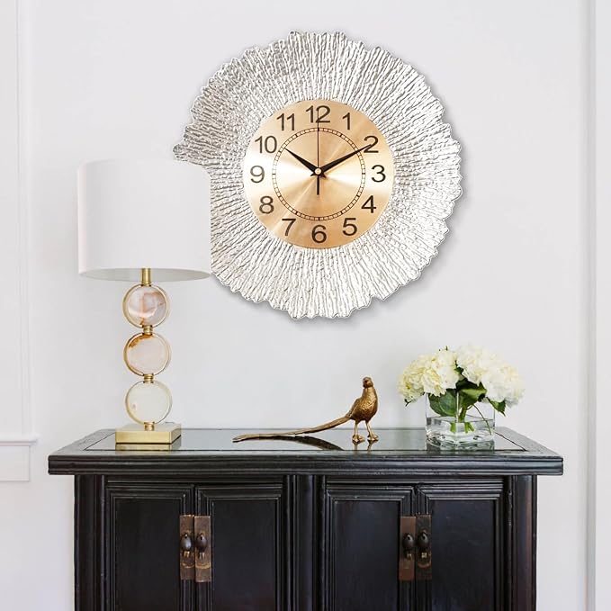 12 Inch Sliver Wall Clock for Living Room, Boho Decor Wall Clocks Sunburst Decor for Living Room, Kitchen, Farmhouse, Bedroom, Bathroom