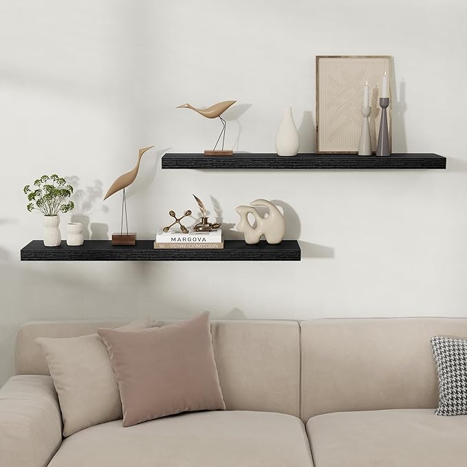 Fun Memories Floating Shelves for Wall, Rustic Wood Wall Mounted Shelves for Bathroom, Bedroom, Living Room & Kitchen, Storage Display Shelves, (Set of 2, Black, 40 in)
