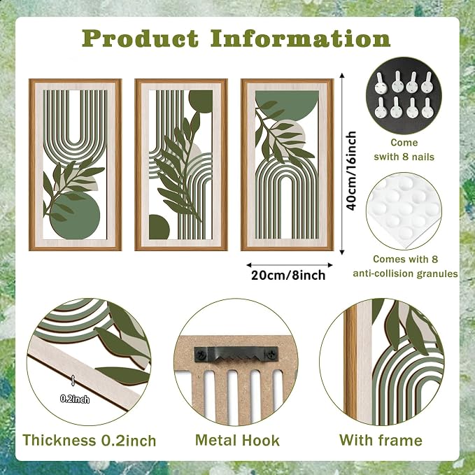 Ausril Green Boho Wall Decor,Boho Botanical Wall Decor Sage Green,Mid-century Modern Decor,Abstract Bohemian Artwork Geometric Line,Minimalism Boho Plants Hanging Sign for Home Living Room Bedroom